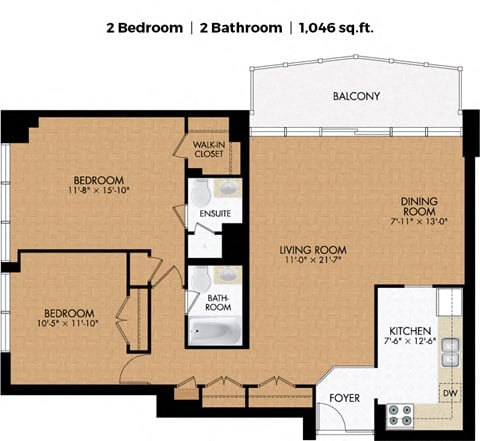 Floor plan for 2 beds, 2 baths, 1046 sqft